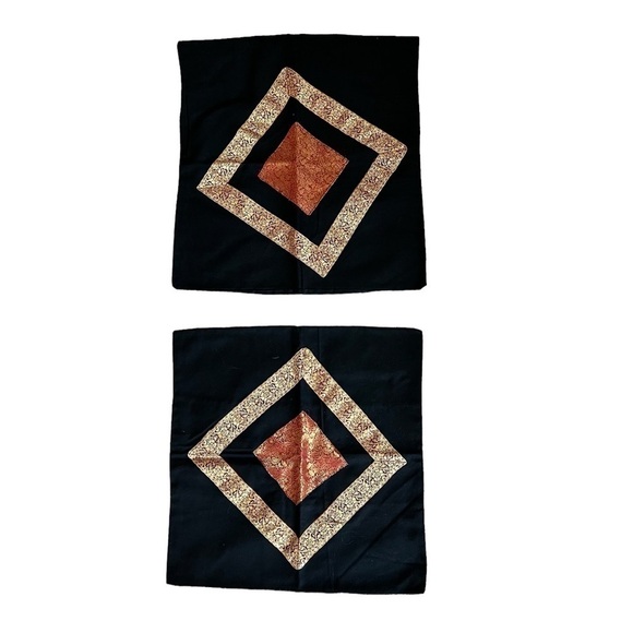 Black Brocade Accent Cushion Cover with Red/Gold Fabric Appliqué - Picture 1 of 5